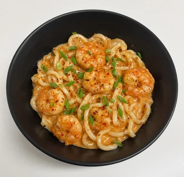 Bangkok shrimp udon, a spicy creamy udon with shrimp, at Pocket Holic in Kensington, Calgary