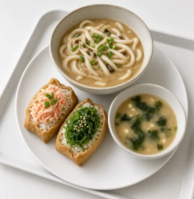 Pocket Holic Special with udon, two pocket sushi and miso soup at Pocket Holic, Calgary