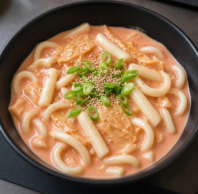Rose tteokbokki udon, creamy rose-sauce udon with Korean rice cakes, at Pocket Holic, Calgary