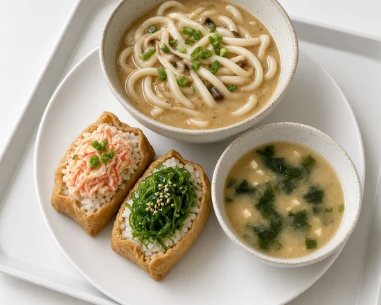 Pocket Holic Special with udon, pocket sushi and miso soup in Calgary